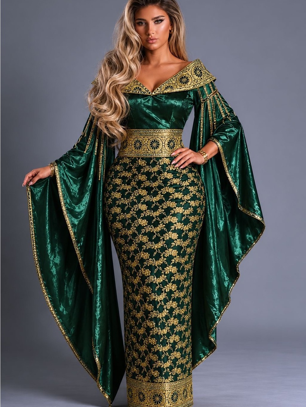 Emerald Green Velvet & Gold Embroidered Evening Gown